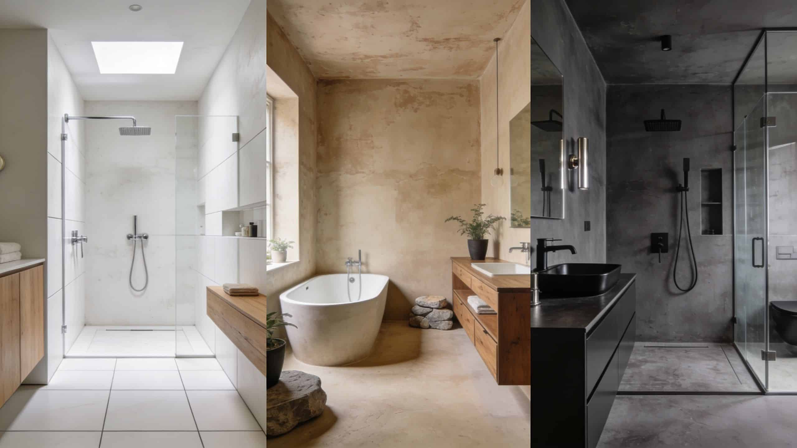 Tre forskellige badeværelser med moderne indretning og vægge udført i stilfuld og holdbar microcement.