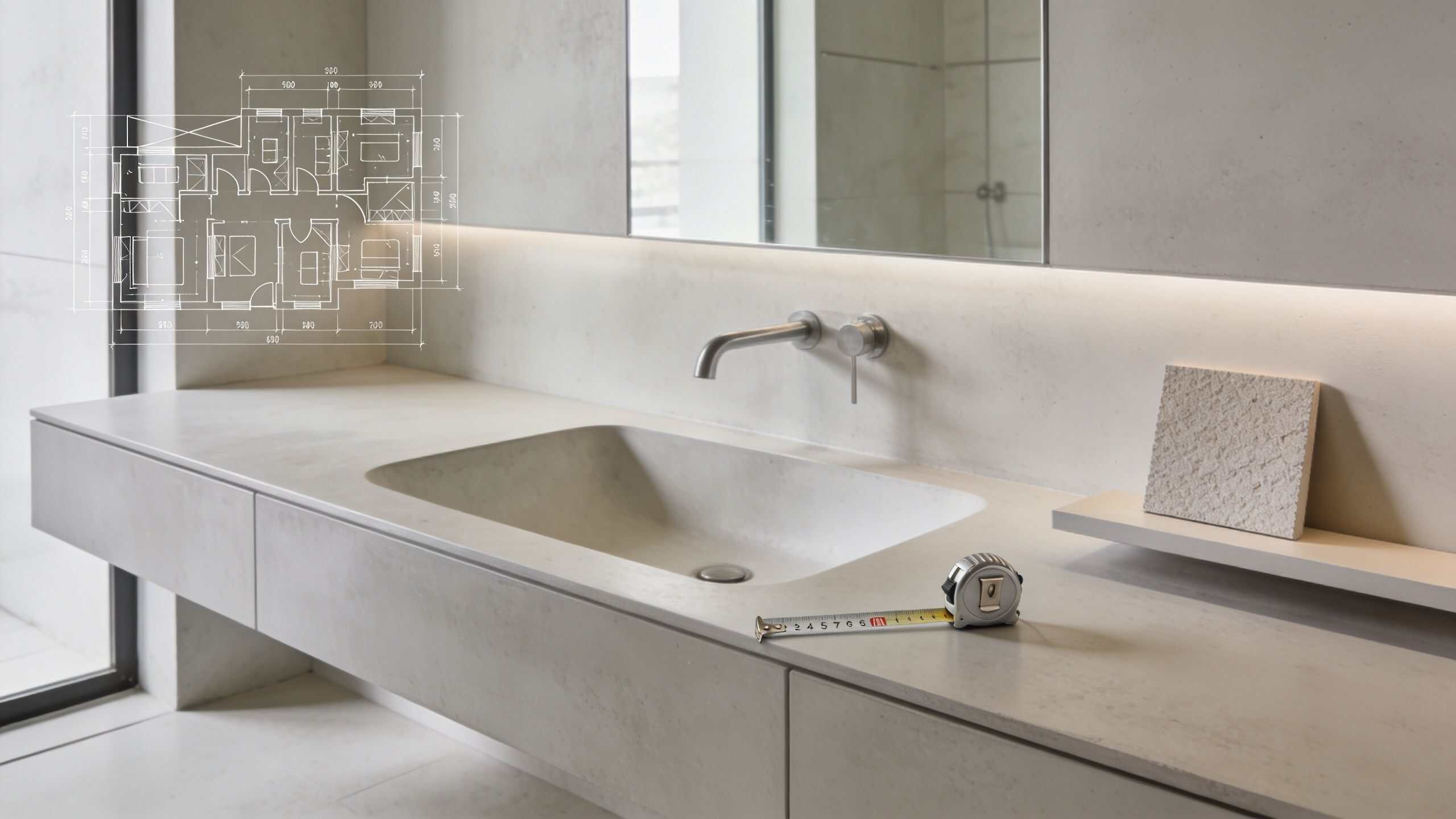 Elegant betonlook badeværelsesvask med minimalistisk design og integreret vaskebassin.