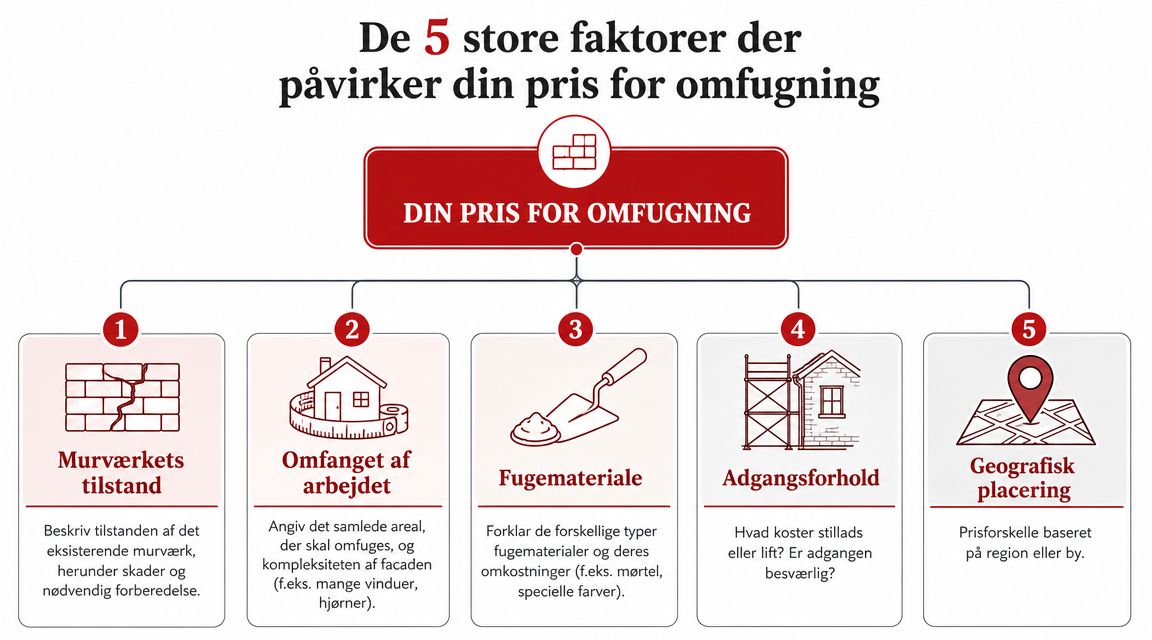 En infografik der viser de fem vigtigste faktorer, der bestemmer prisen for omfugning af murværk i Danmark.