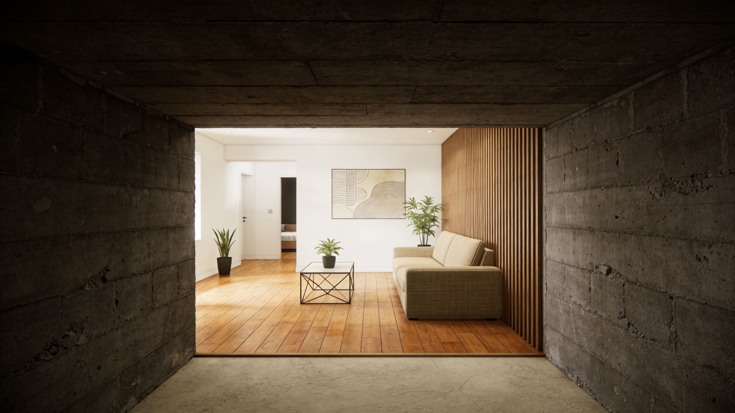 Moderne stue i en kælder med trædetaljer, planter, komfortabel sofa og en stilfuld indretning efter renovering.