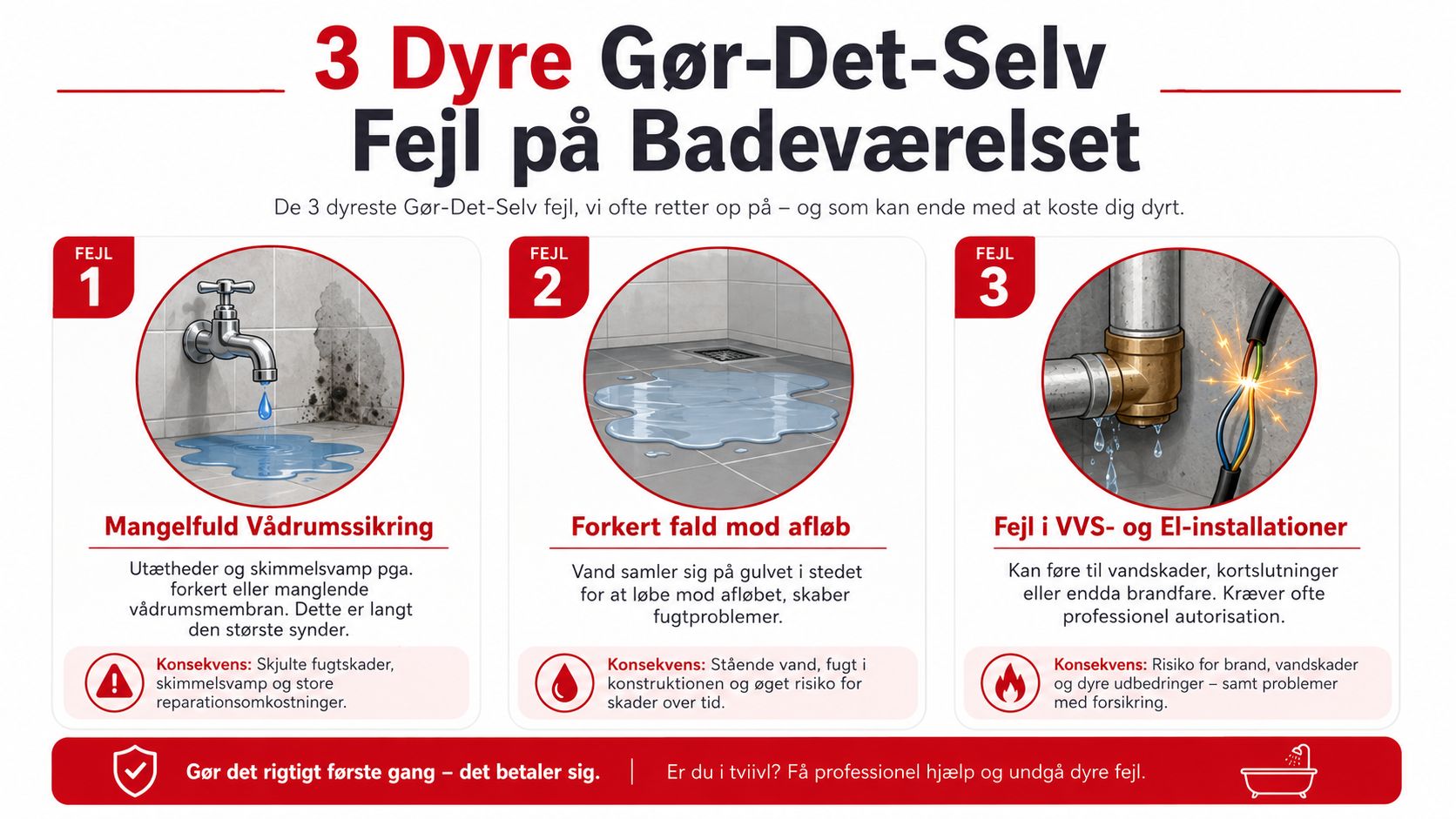 En infografik der viser de tre dyreste fejl ved gør-det-selv renovering af badeværelse, herunder vådrumssikring og installationer.