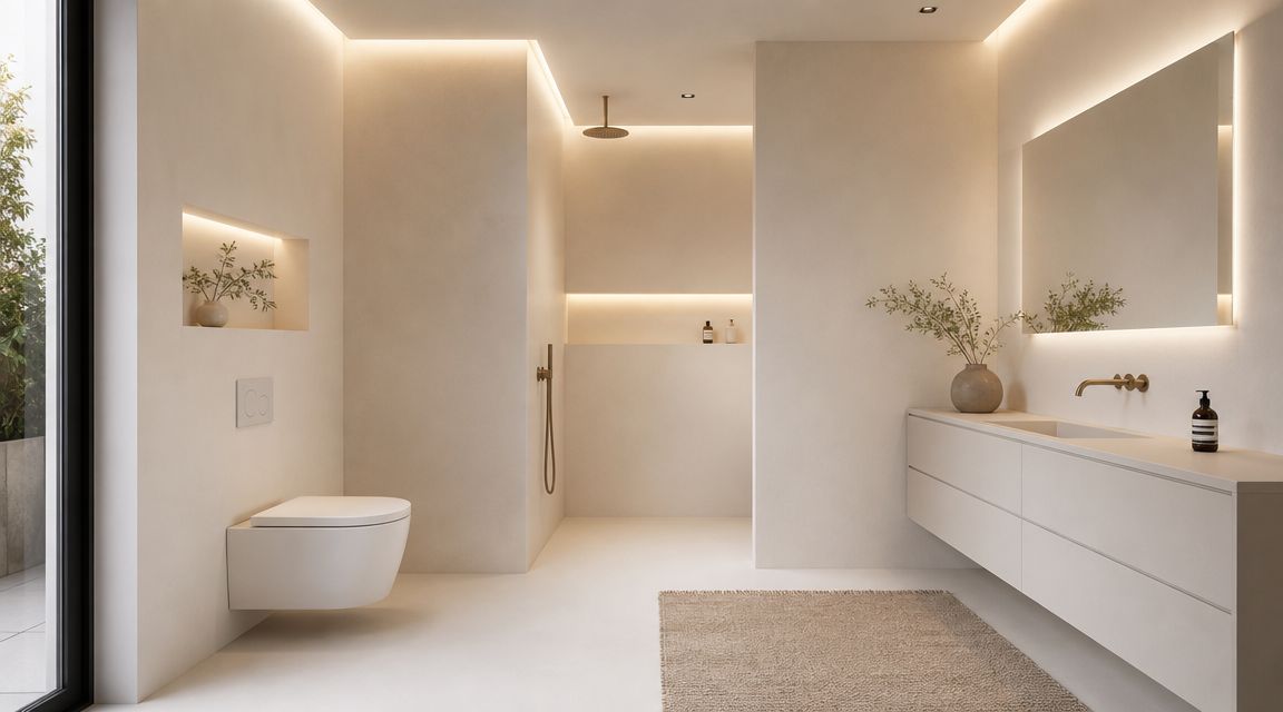 Et lyst og minimalistisk moderne badeværelse med væghængt toilet, svævende vaskeskab og elegant indirekte belysning i væggene.