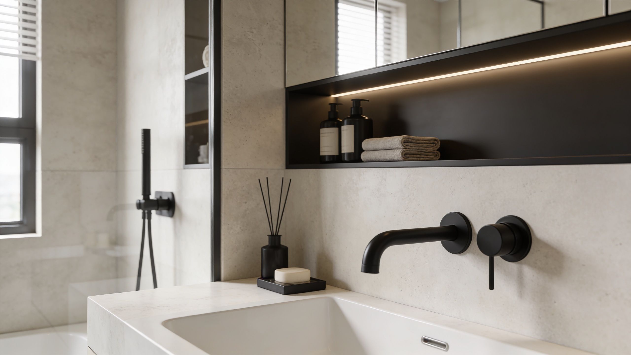 Moderne badeværelse med hvid vask, sort armatur og elegante detaljer i et minimalistisk og lyst design.