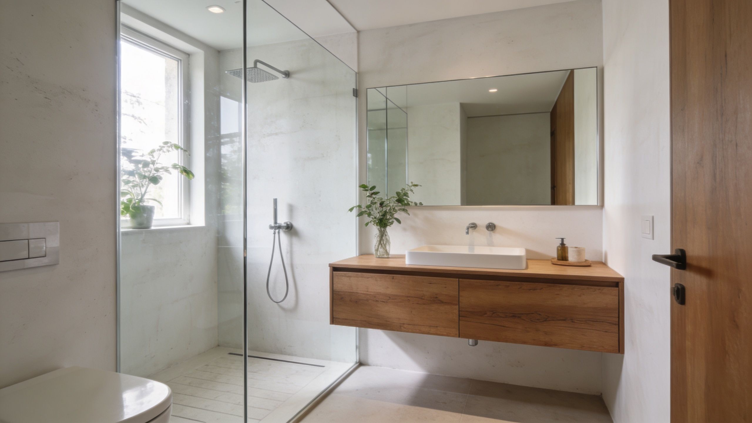 Et moderne badeværelse med træskab, glasbruser, spejl og hvide vægge i et minimalistisk og lyst design.