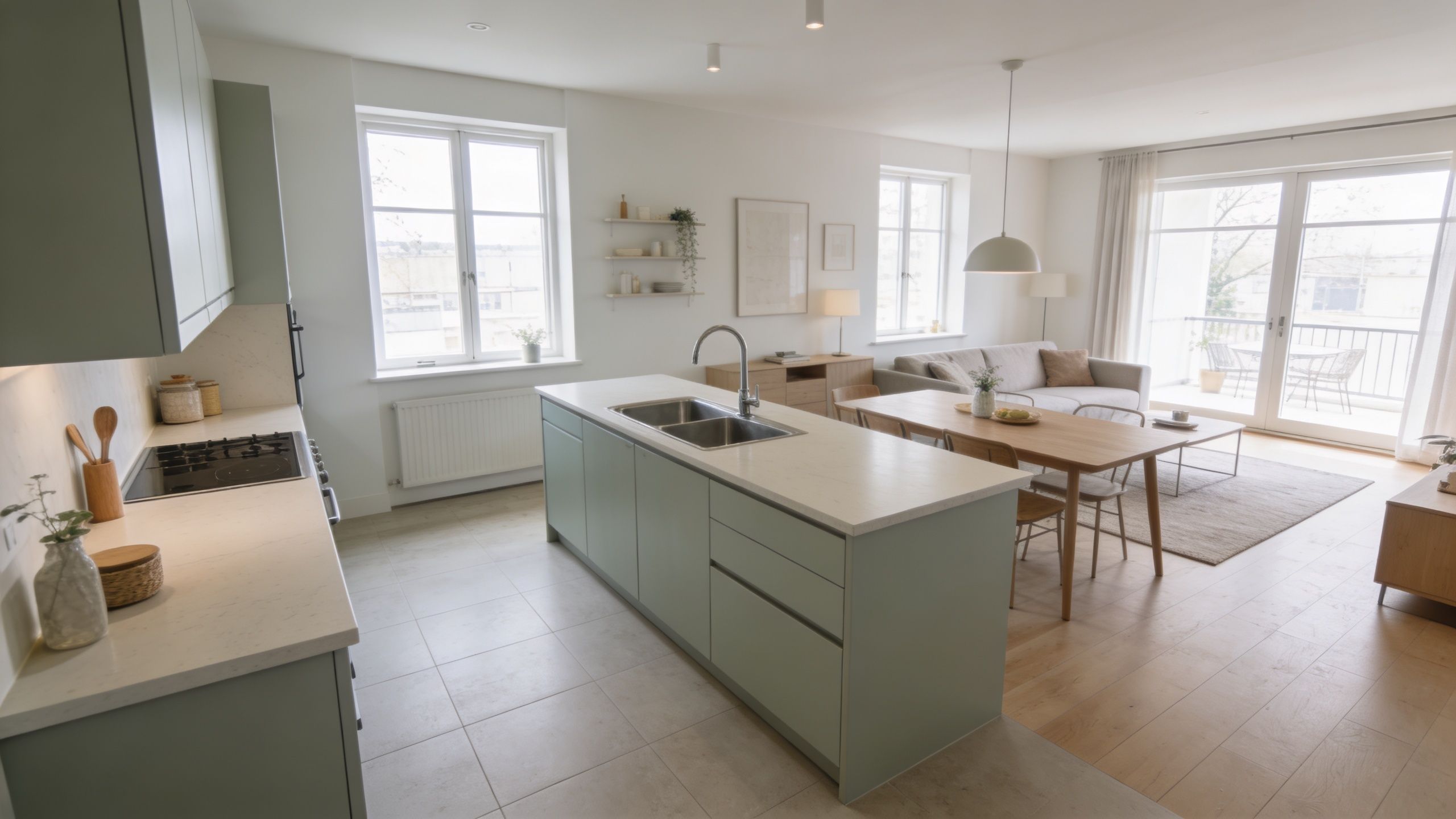 Et moderne, lyst køkken og stue med åben planløsning, mintgrøn køkkenø og træmøbler i et skandinavisk interiørdesign.
