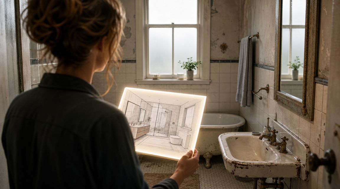 En person holder en lysende tegning af et moderne badeværelse i et ældre, slidt badeværelsesmiljø.