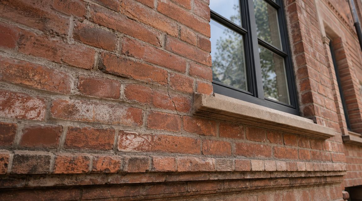 Nærbillede af en rød murstensfacade med et sort vindue, der viser detaljer om murværkets tekstur.