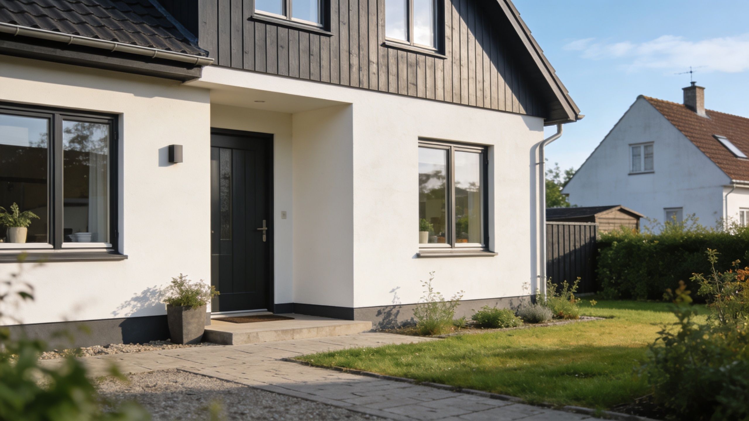 Et moderne hvidt hus med sort træbeklædning og en mørk hoveddør i et hyggeligt villakvarter om dagen.