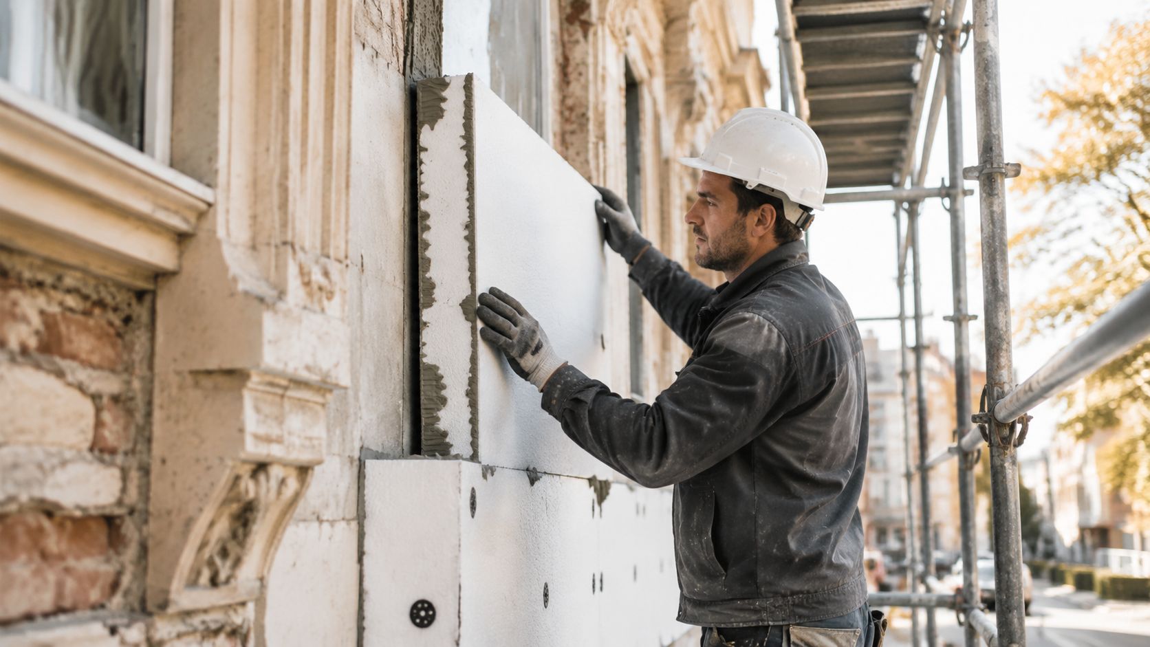 En bygningsarbejder i hjelm monterer isoleringsplader af polystyren på en gammel bygnings facade under en renovering.