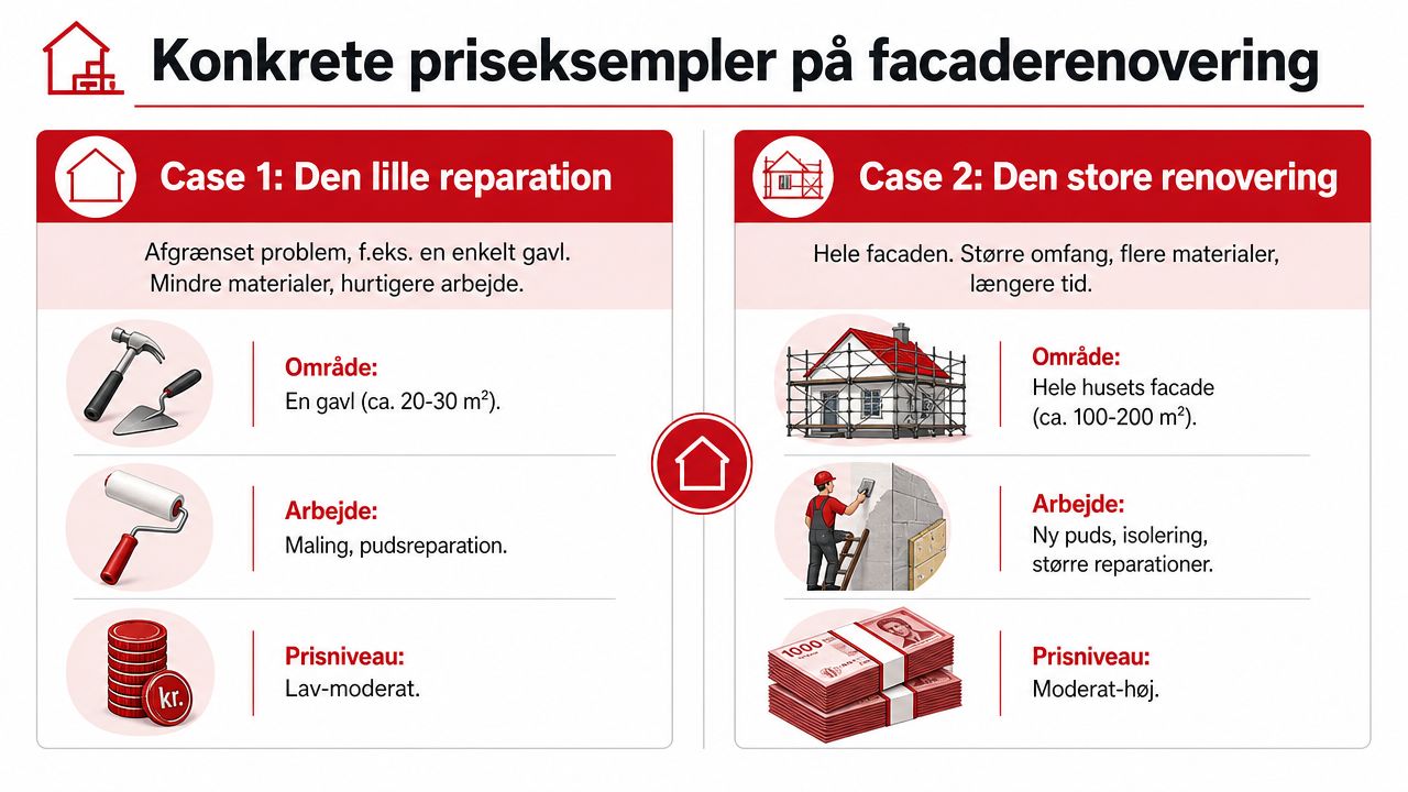 Infografik der viser forskellen på omkostninger ved lille facaderenovering af en gavl og stor facaderenovering af hele huset.