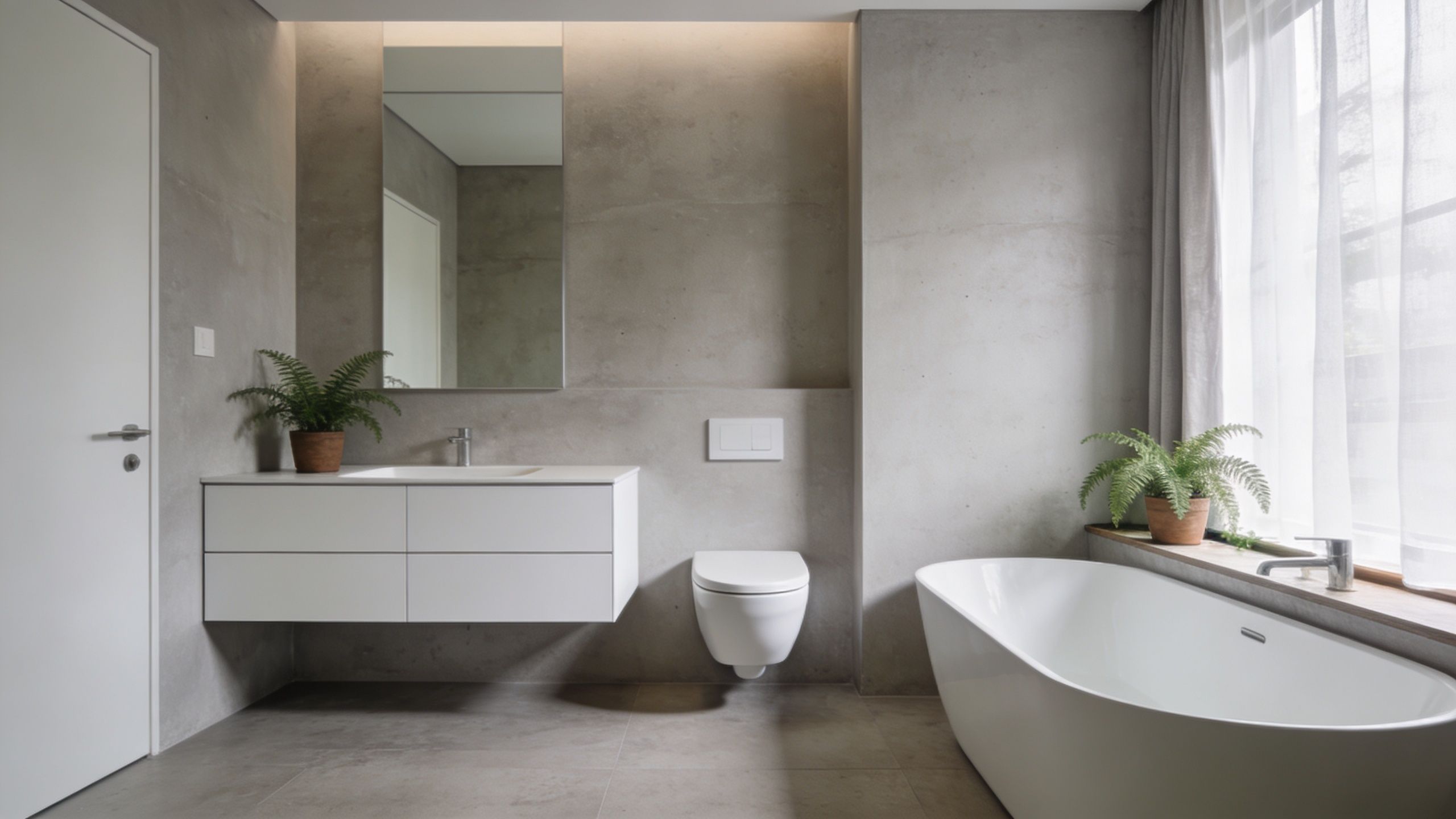 Et moderne badeværelse med grå betonvægge, hvidt sanitet, badekar og grønne planter i et minimalistisk design.