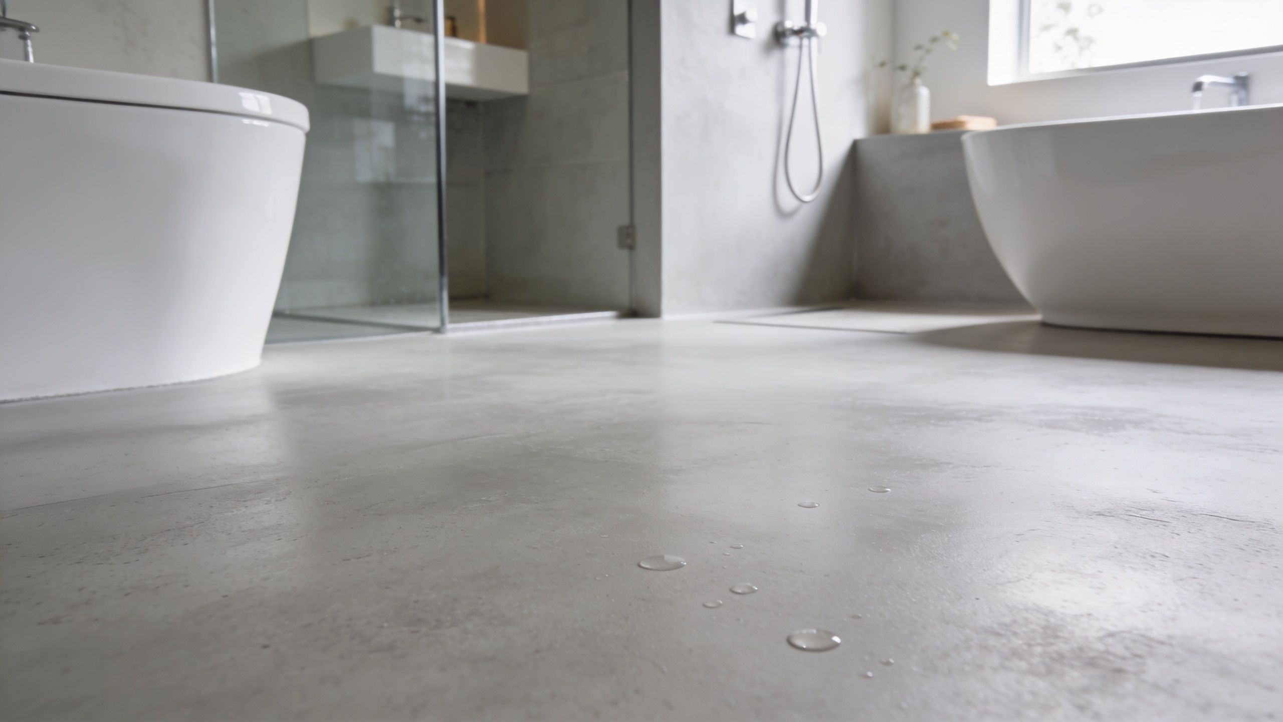 Et moderne badeværelse med et minimalistisk gråt microcement gulv og to stilfulde fritstående badekar i hvid.