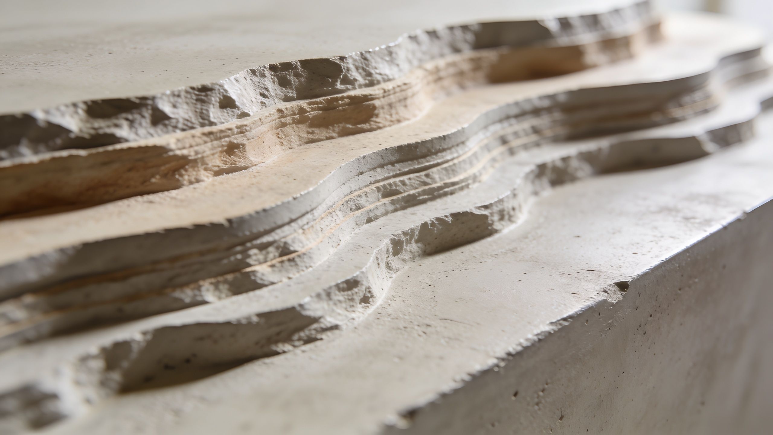 Nærbillede af en struktureret overflade i microcement, der viser lagdelt håndværk og et råt, moderne design.