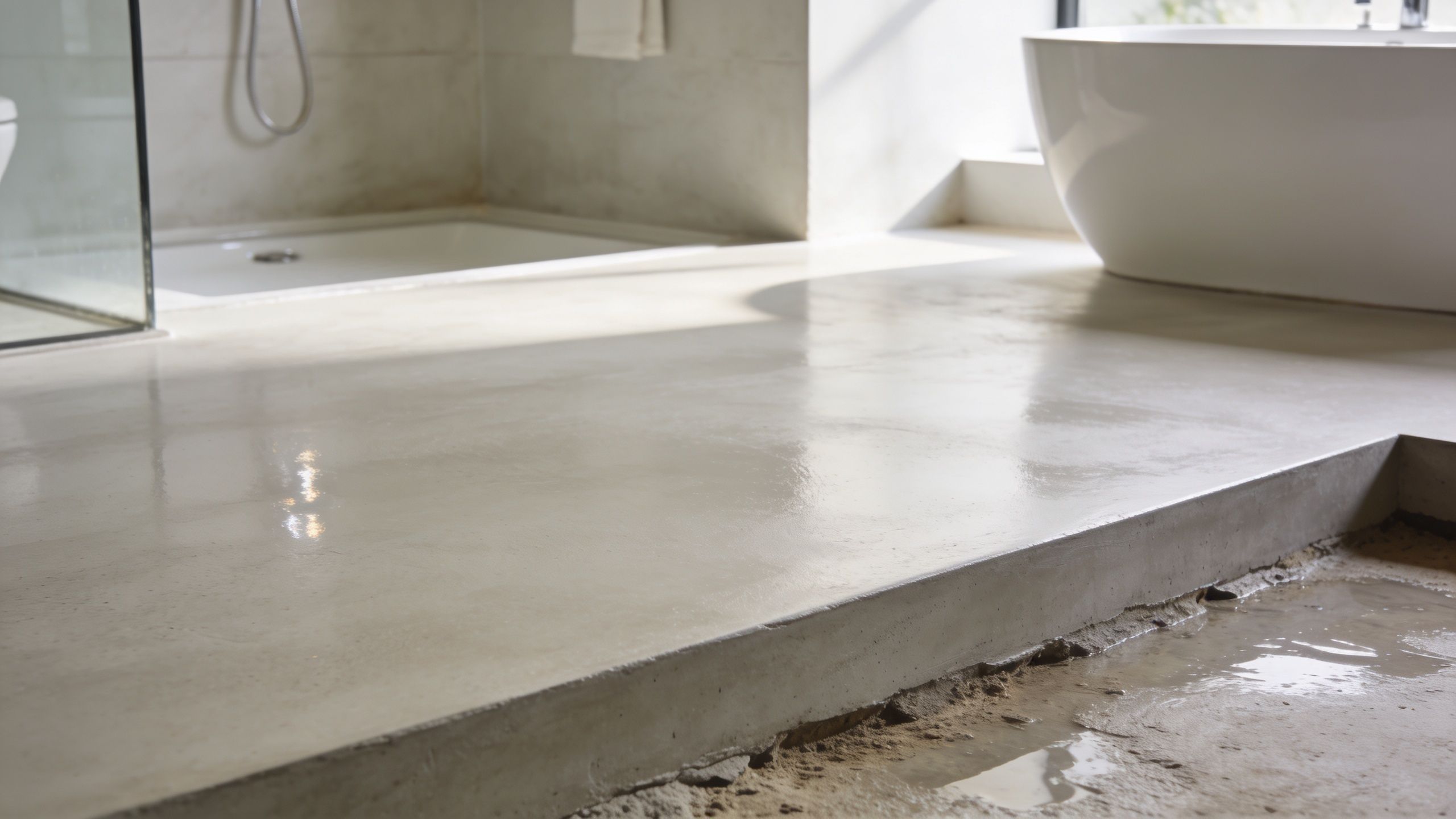 Nyt microcement gulv på badeværelset under konstruktion med synlig overgang til et råt undergulv i beton.