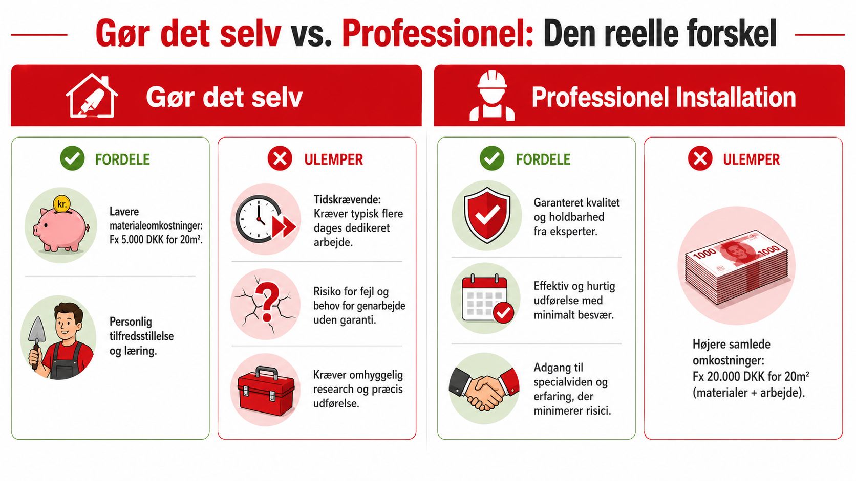 Sammenligning af gør-det-selv og professionel installation af microcement gulv med fordele og ulemper listet op.
