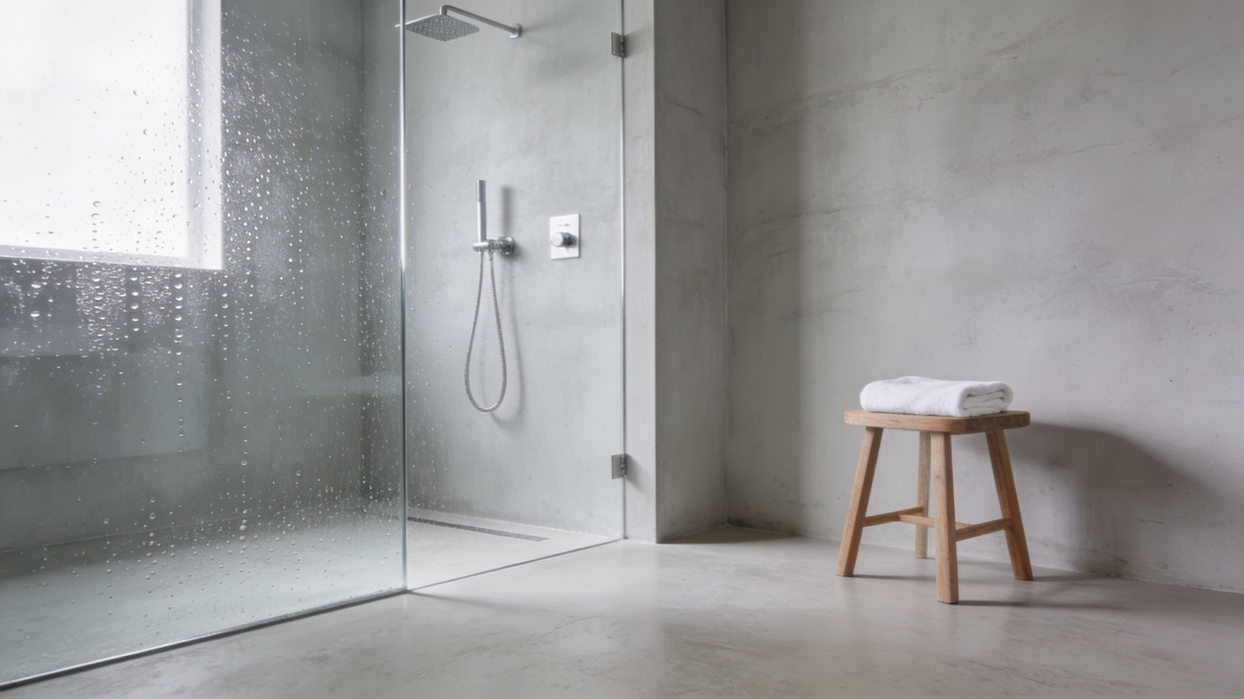 Moderne brusebad i minimalistisk stil med vægge og gulve udført i grå microcement og træskammel.