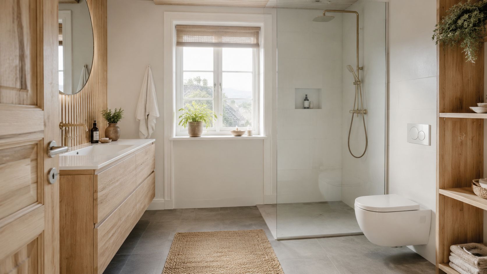 Moderne badeværelse i lyst egetræ med brusekabine, hvidt toilet og stor vask med spejl på væggen.