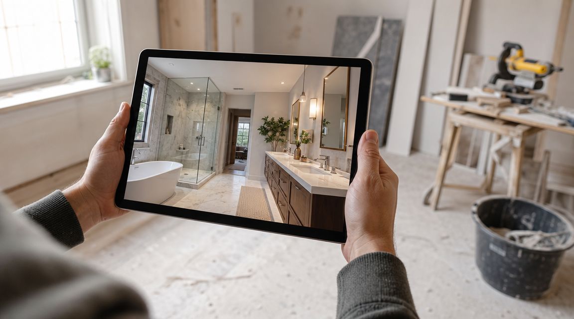 En person holder en tablet, der viser et 3D-design af et moderne luksuriøst badeværelse under renovering.