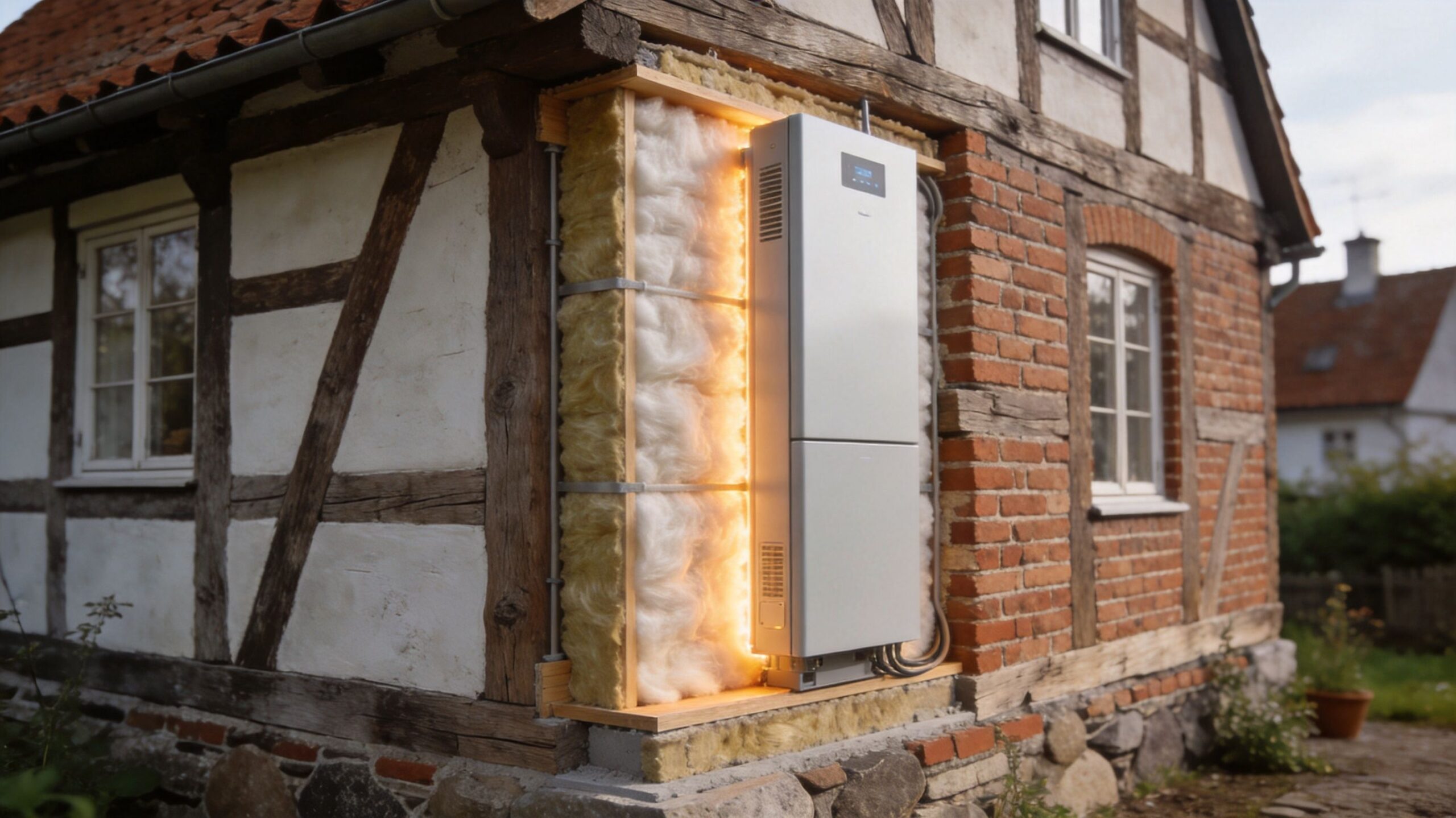 Et moderne varmepumpesystem monteret i en vægsektion af et bindingsværkshus under energieffektiv renovering og isolering.