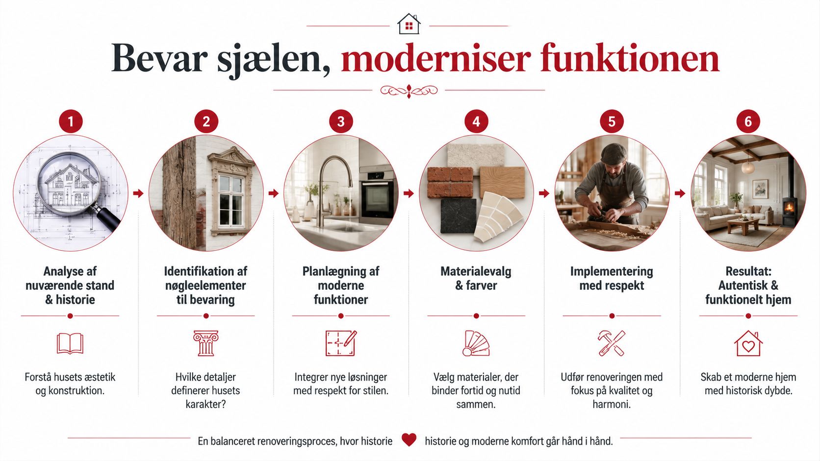En infografik der illustrerer en seks-trins proces for renovering af ældre huse med respekt for historien.