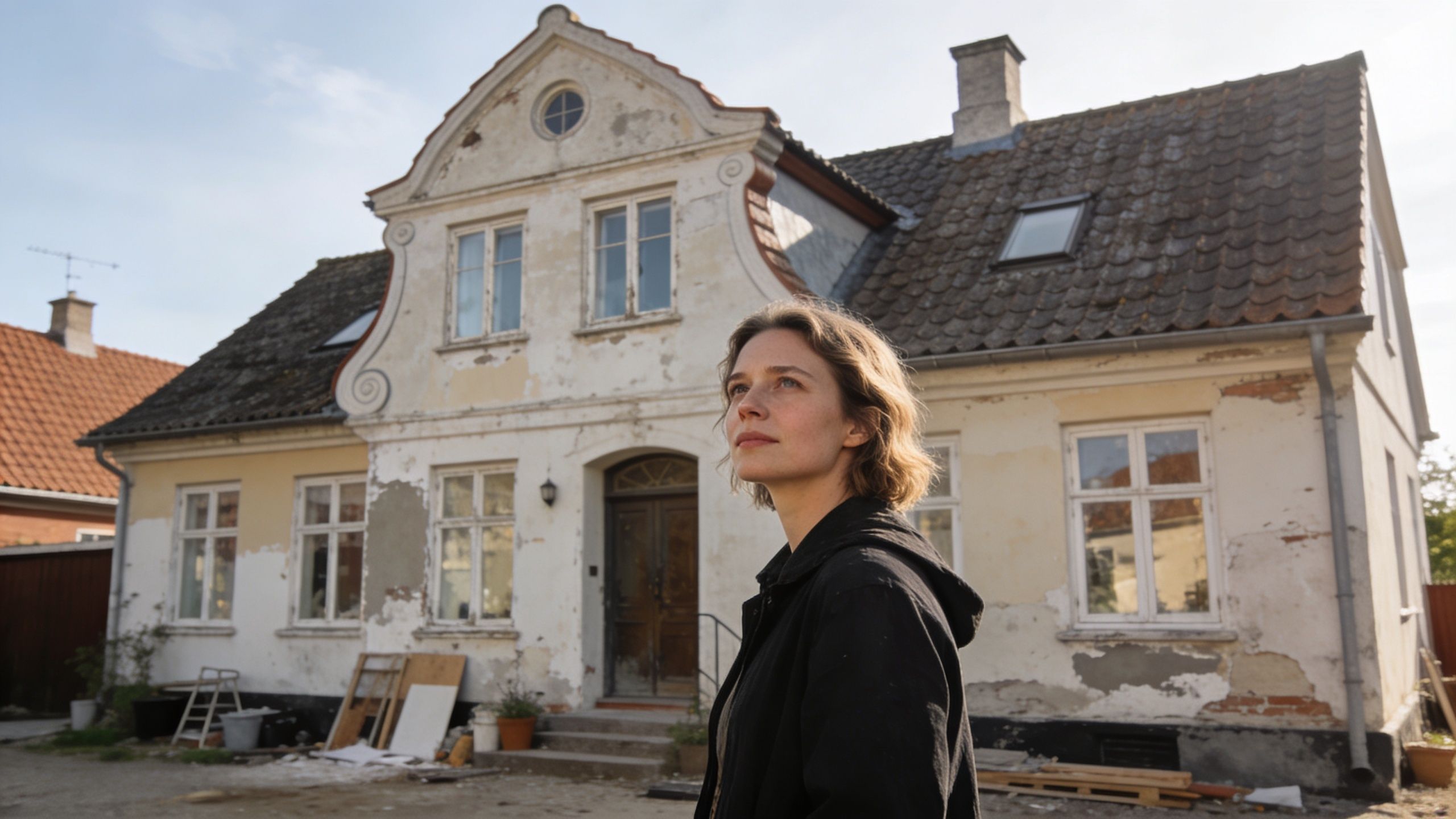 En kvinde står foran et gammelt hus, der trænger til renovering og istandsættelse af facaden.