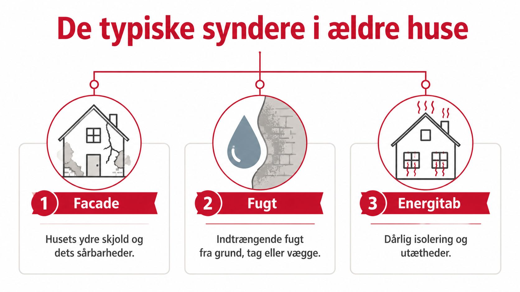 En infografik der viser de tre typiske problemer i ældre huse: facade, fugt og energitab.