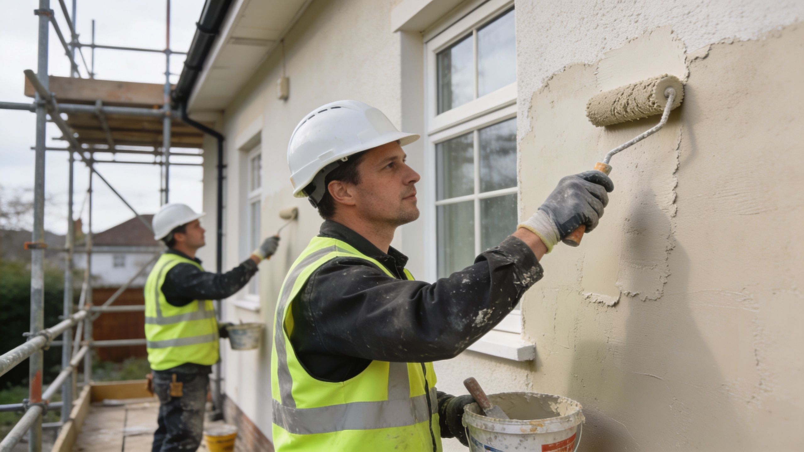 To bygningsarbejdere i sikkerhedsudstyr udfører renovering af en facade med puds og malerrulle på et hus.