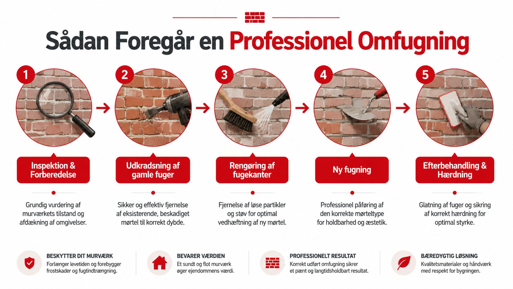 En infografik der viser de fem trin i en professionel omfugning af murværk fra inspektion til efterbehandling.
