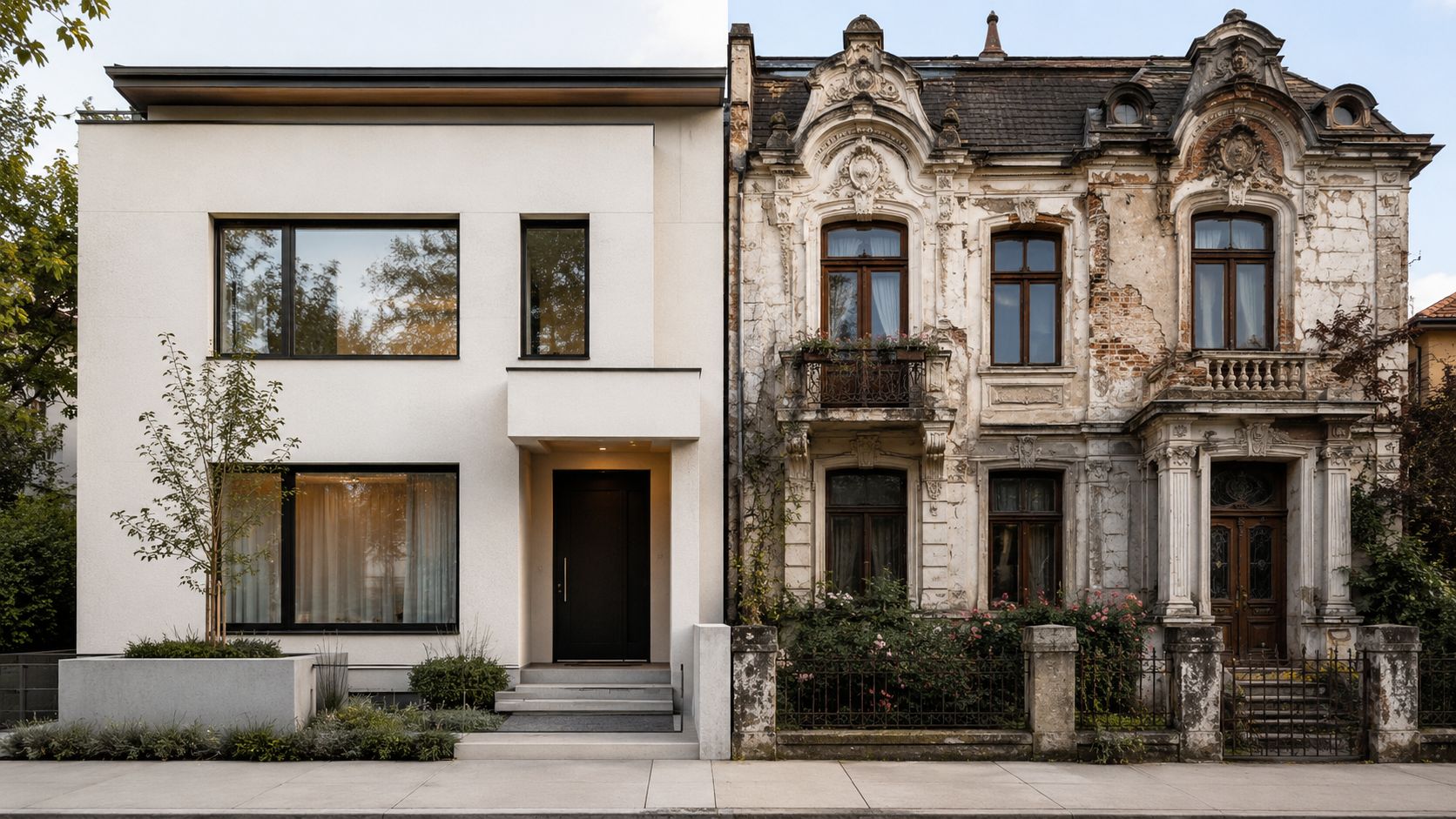 En sammenligning af en moderne minimalistisk bolig ved siden af en historisk bygning med behov for facaderenovering.
