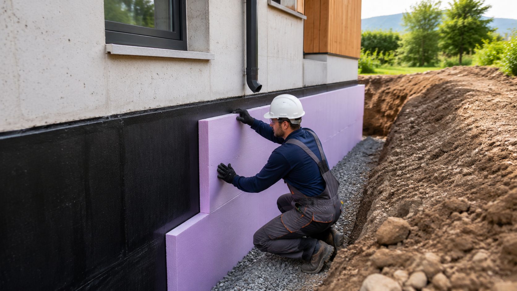 En bygningsarbejder installerer lilla isoleringsplader på fundamentet af et hus med en gravegrav i baggrunden.