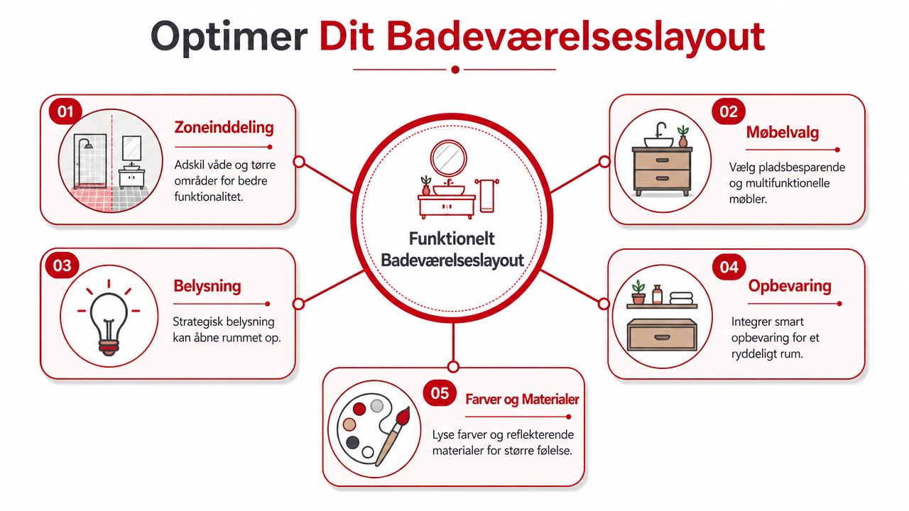 Infografik med fem gode råd til at optimere dit badeværelseslayout for bedre funktionalitet og pladsudnyttelse.