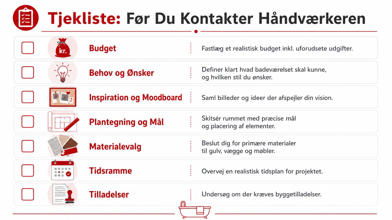 En tjekliste med syv trin til planlægning af badeværelsesrenovering før kontakt med en professionel håndværker.