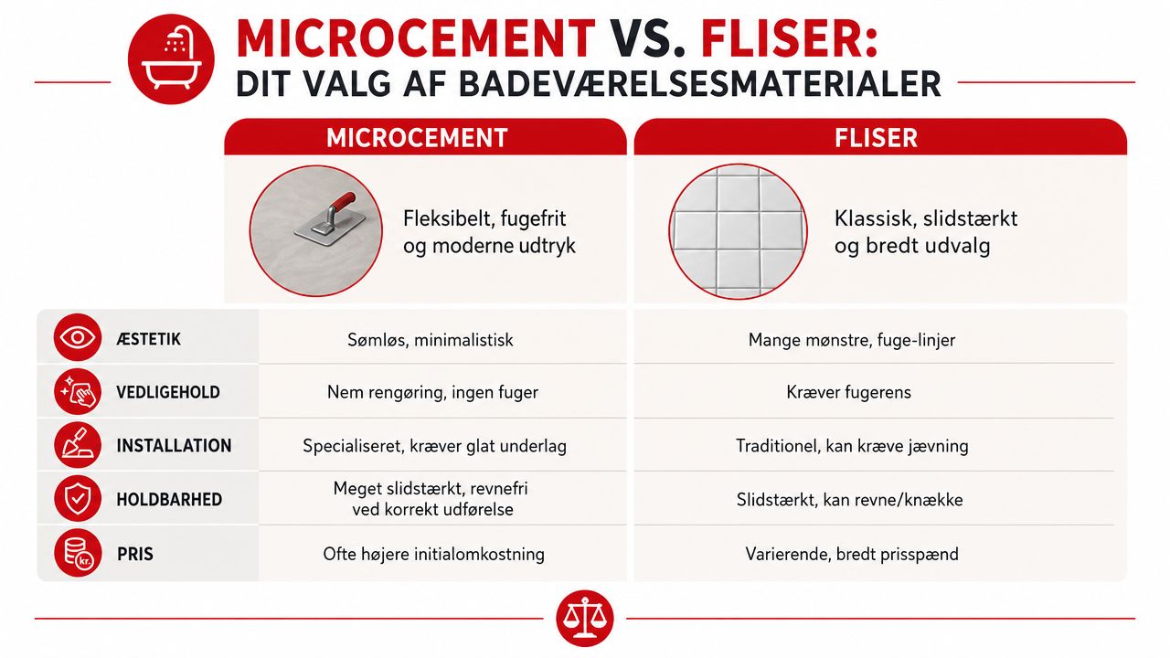 En sammenligningsgrafik der viser fordele og ulemper ved microcement versus fliser til badeværelset.