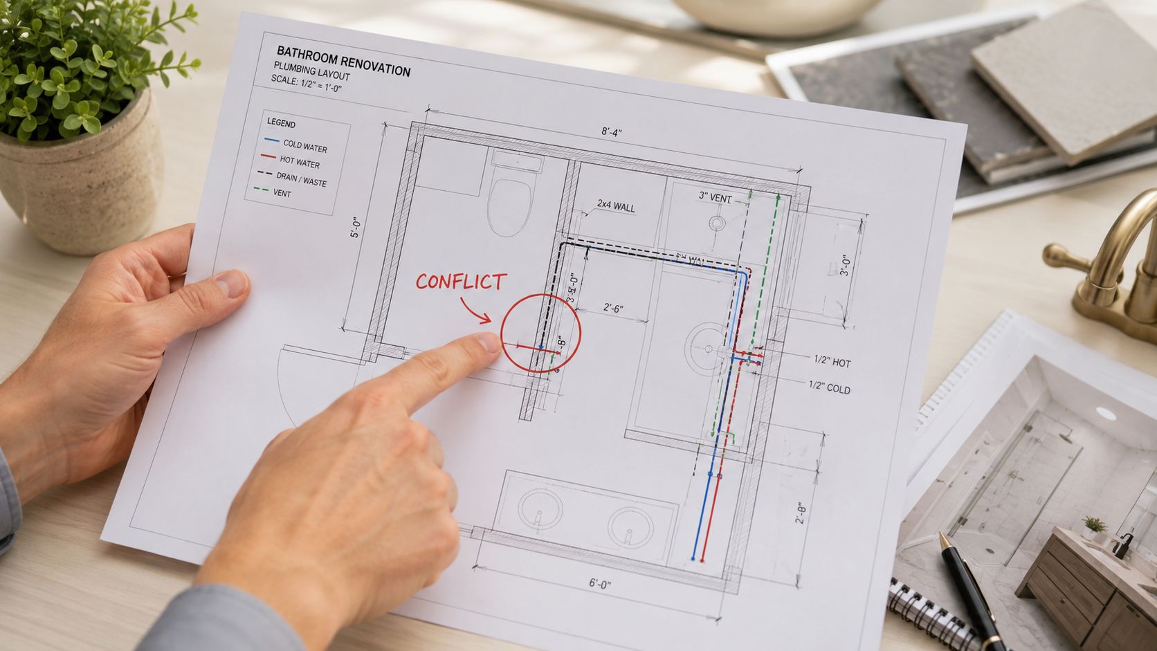 En person peger på en konflikt i en VVS-tegning til renovering af et badeværelse på et bord.
