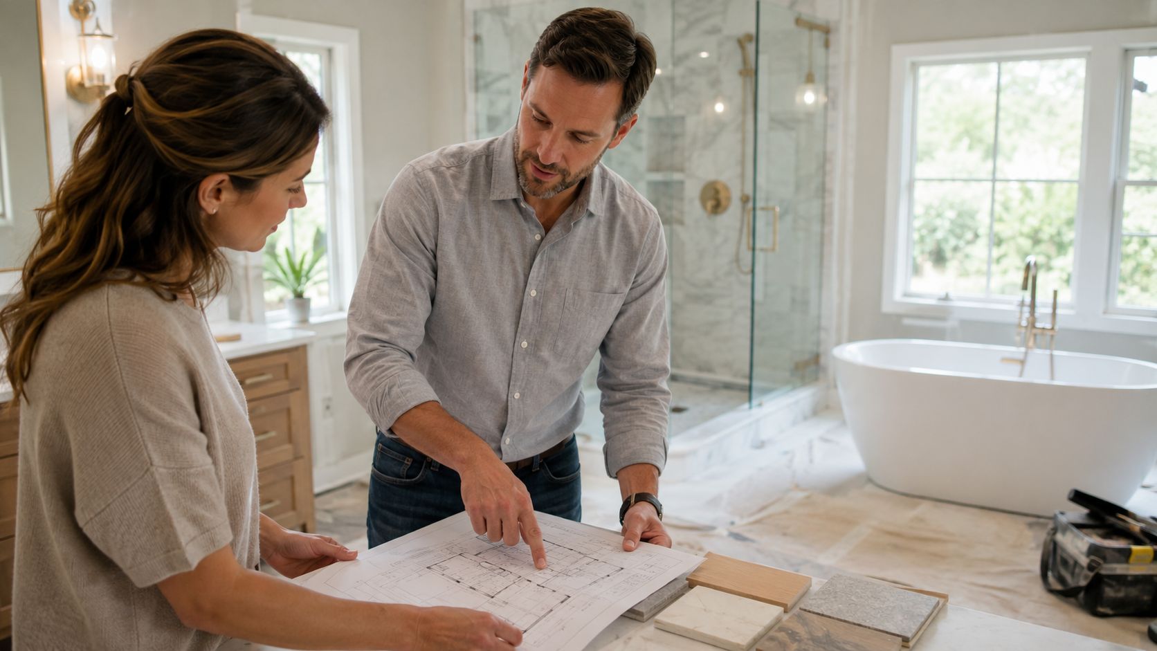 En kvinde og en mand diskuterer badeværelsesrenovering med tegninger og materialeprøver i et moderne hjem.