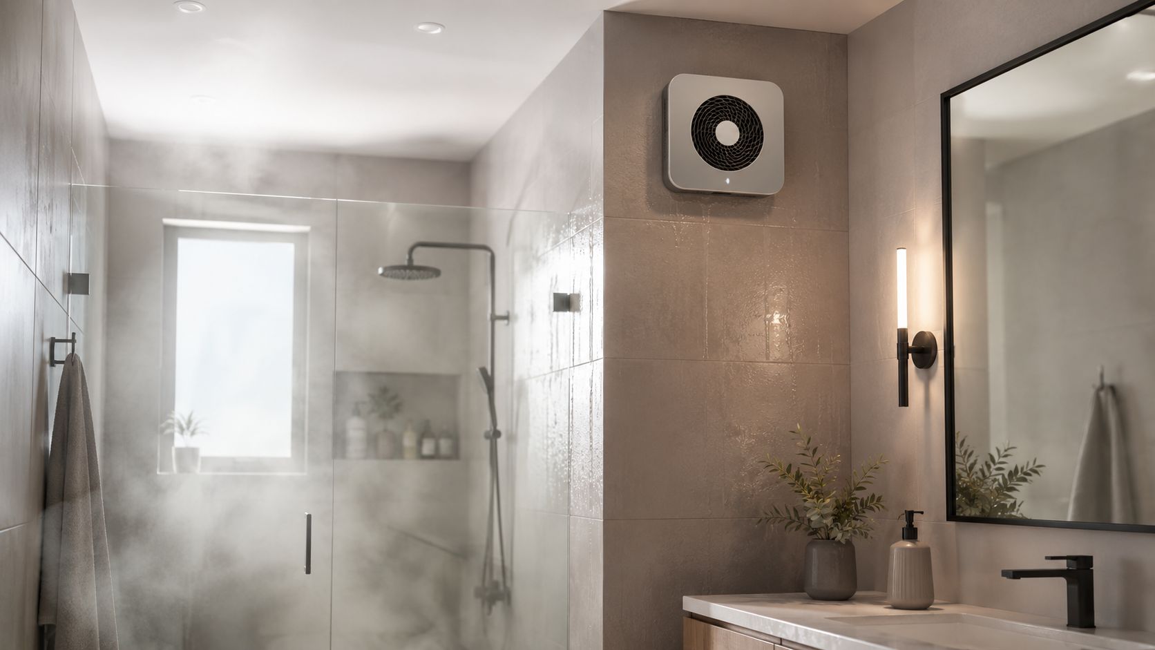 Moderne badeværelse med damp fra bruseren og en effektiv ventilator installeret på flisevæggen til luftudskiftning.