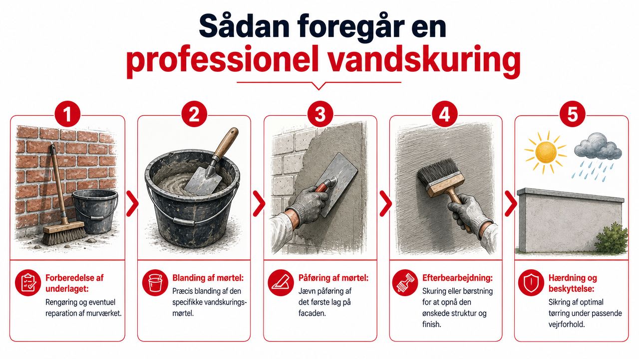 En guide i fem trin til professionel vandskuring af murstensvægge, der viser forberedelse, blanding, påføring og efterbehandling.