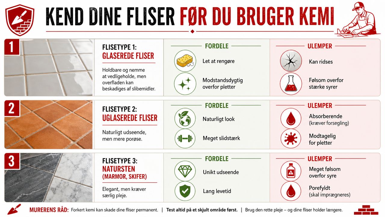 En vejledning til flisetyper, der viser forskellige overflader, fordele og ulemper ved brug af rengøringskemikalier.
