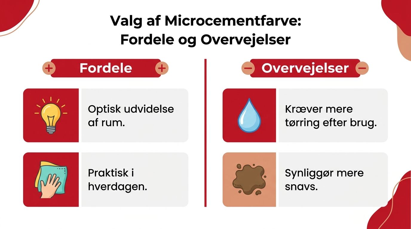 En infografik om valg af microcementfarve med fordele og overvejelser vist i en to-delt tabel.