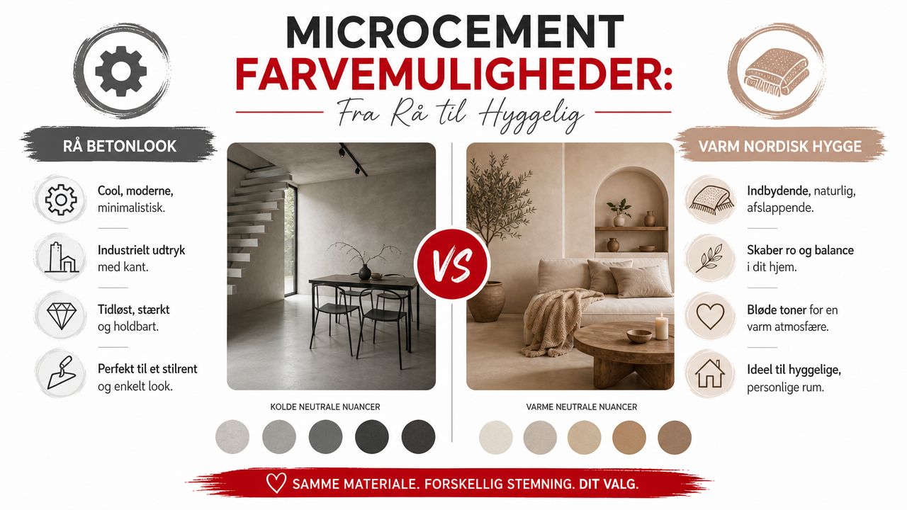 Sammenligning af microcement farvemuligheder mellem råt betonlook og varme nordiske nuancer i moderne boligindretning.