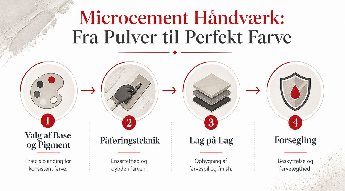 En infografik der viser de fire trin i processen for påføring af microcement med korrekt farve.