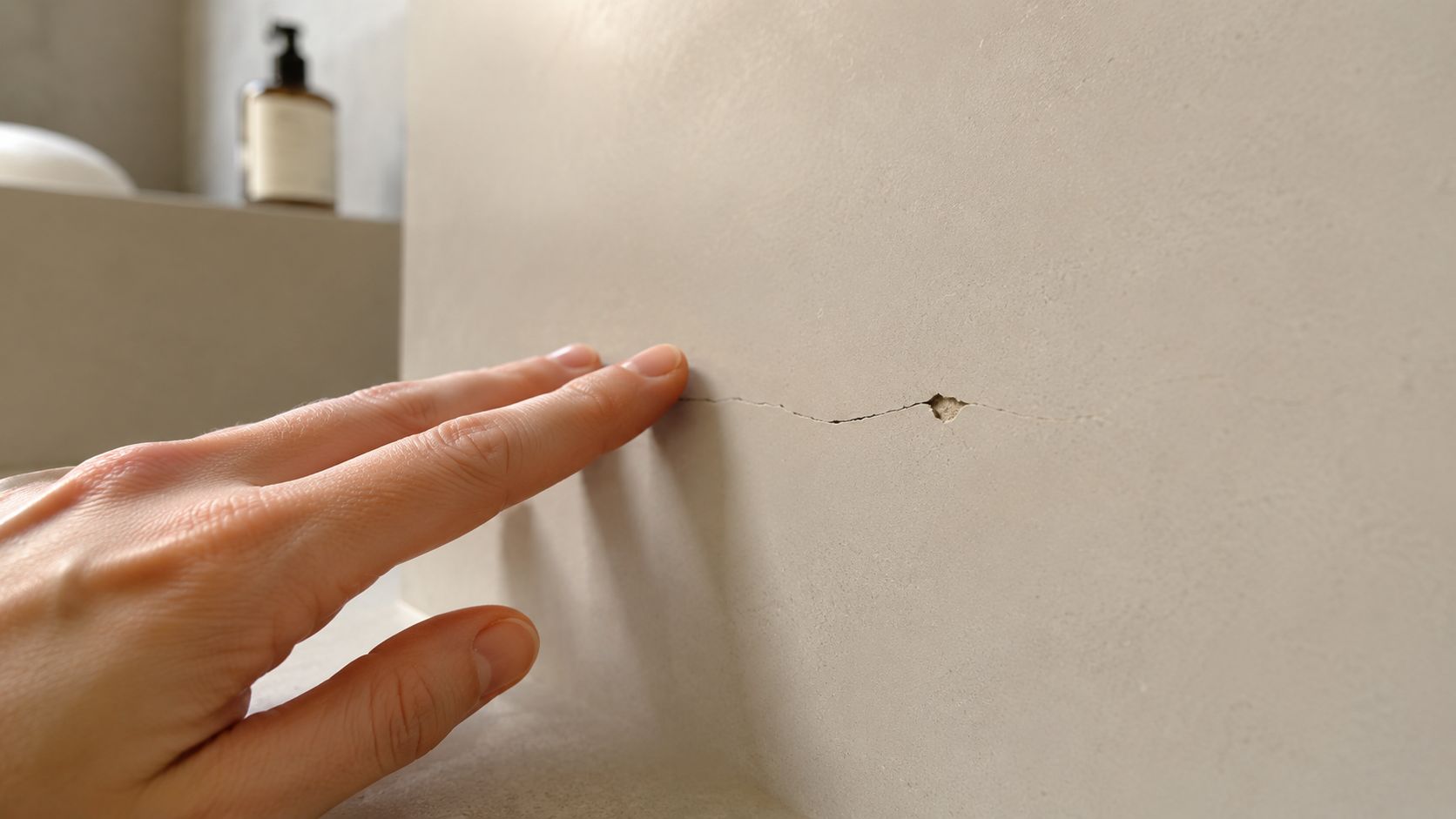 Hånd der rører ved en revne i en microcement væg på et badeværelse, hvilket viser mulige vedligeholdelsesudfordringer.