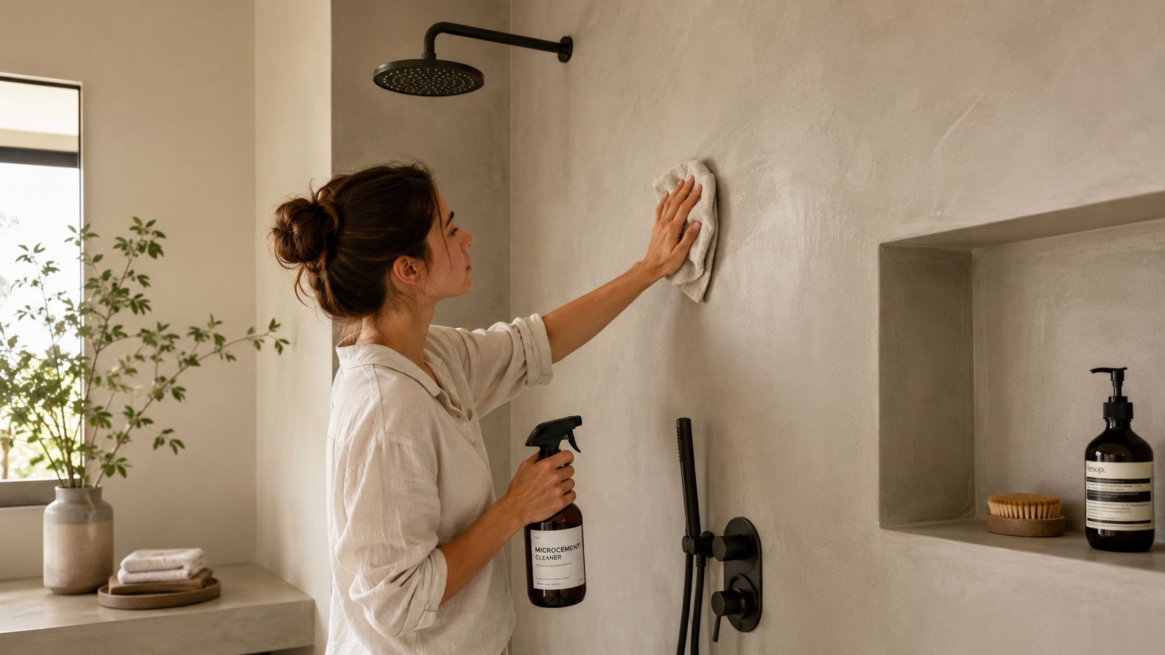 En kvinde rengør vægge af mikrocement i et moderne badeværelse med en miljøvenlig spray og klud.