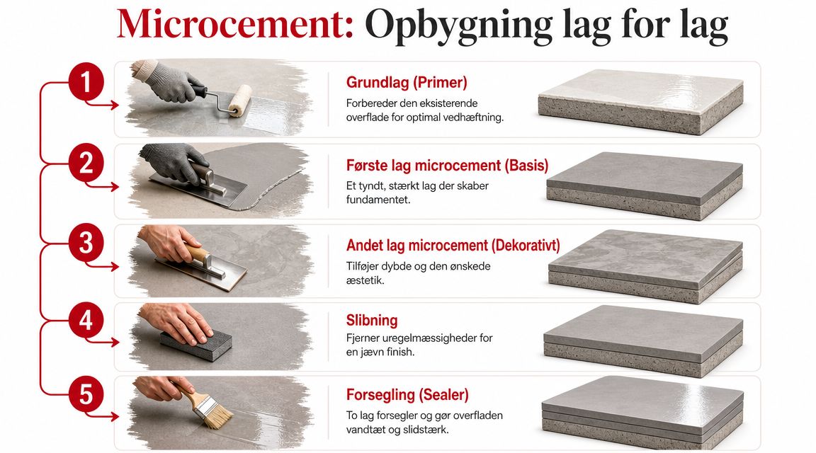 En grafisk guide der viser de fem trin i processen for påføring af microcement på overflader.