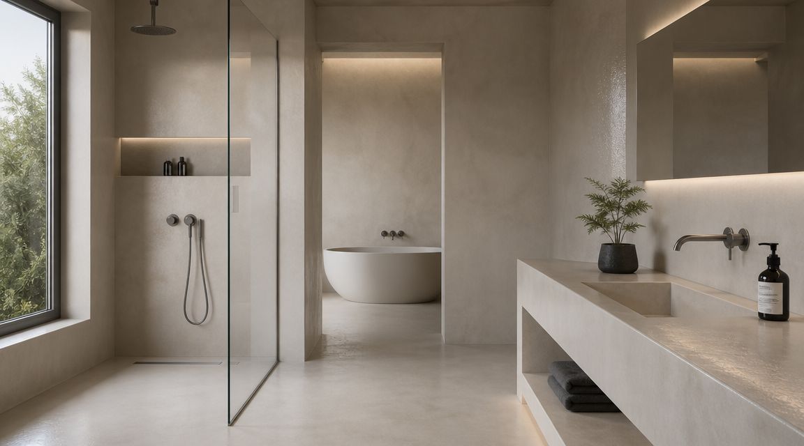 Et moderne og luksuriøst badeværelse i minimalistisk stil med microcement, badekar, glasbruser og stilfuld belysning.