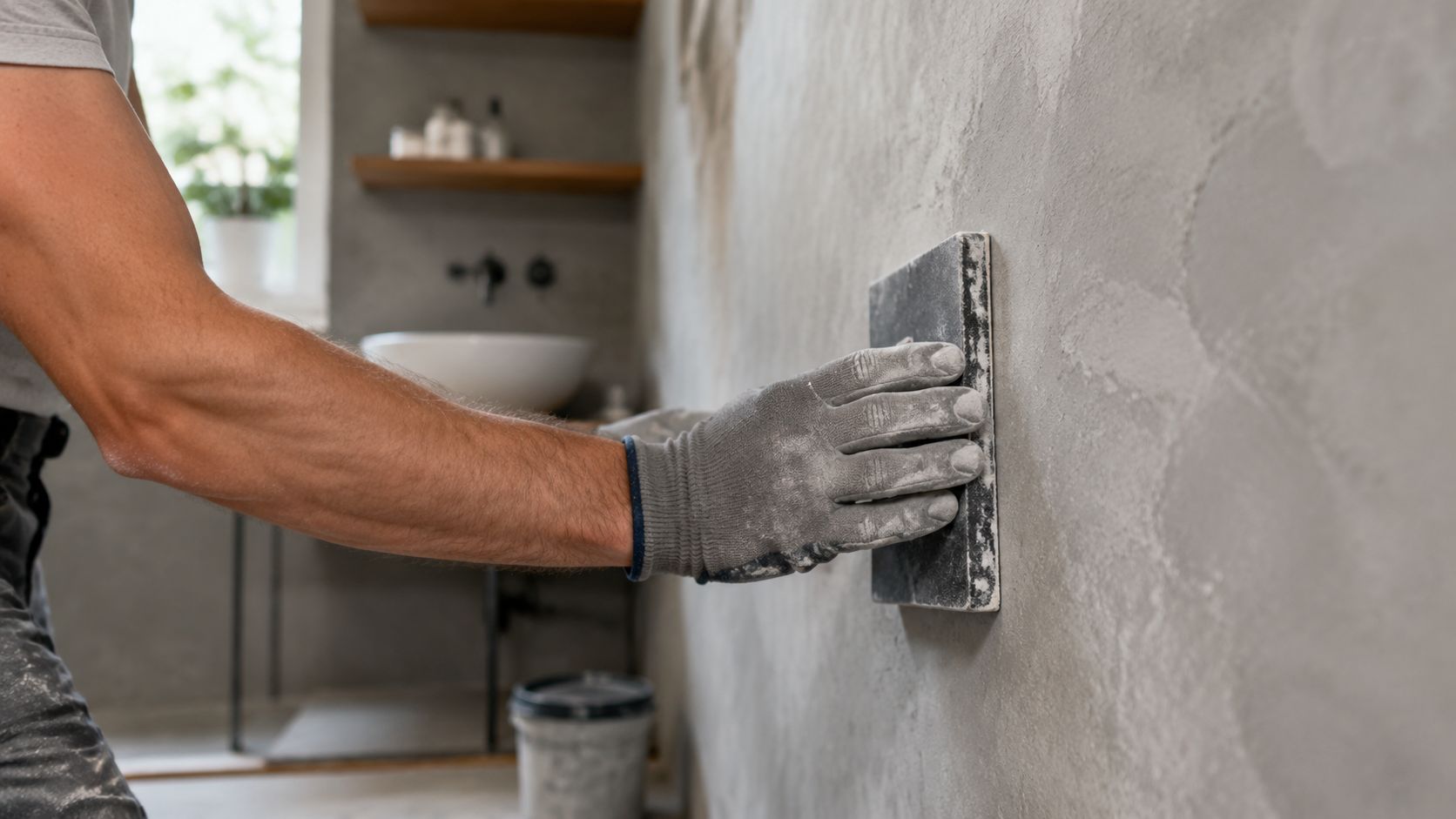 En håndværker er i gang med at slibe en nypudset væg med mikrocement på et moderne badeværelse.