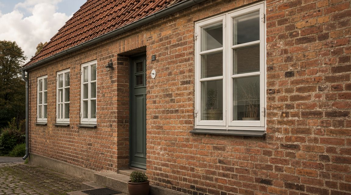 En klassisk murstensbygning med hvidrammede vinduer, en mørkegrøn dør og en velholdt facade i røde mursten.