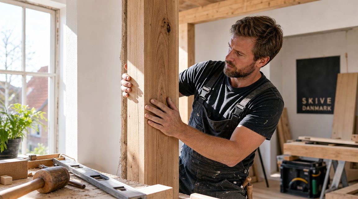 En snedker arbejder fokuseret på en massiv træbjælke under renoveringen af et lyst og moderne rum i Danmark.
