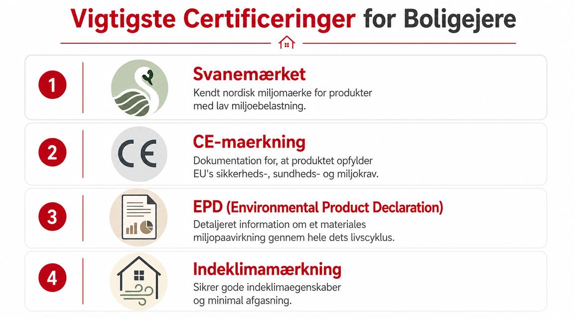 En infografik der viser fire vigtige miljøcertificeringer for boligejere, herunder Svanemærket, CE-mærkning, EPD og Indeklimamærkning.