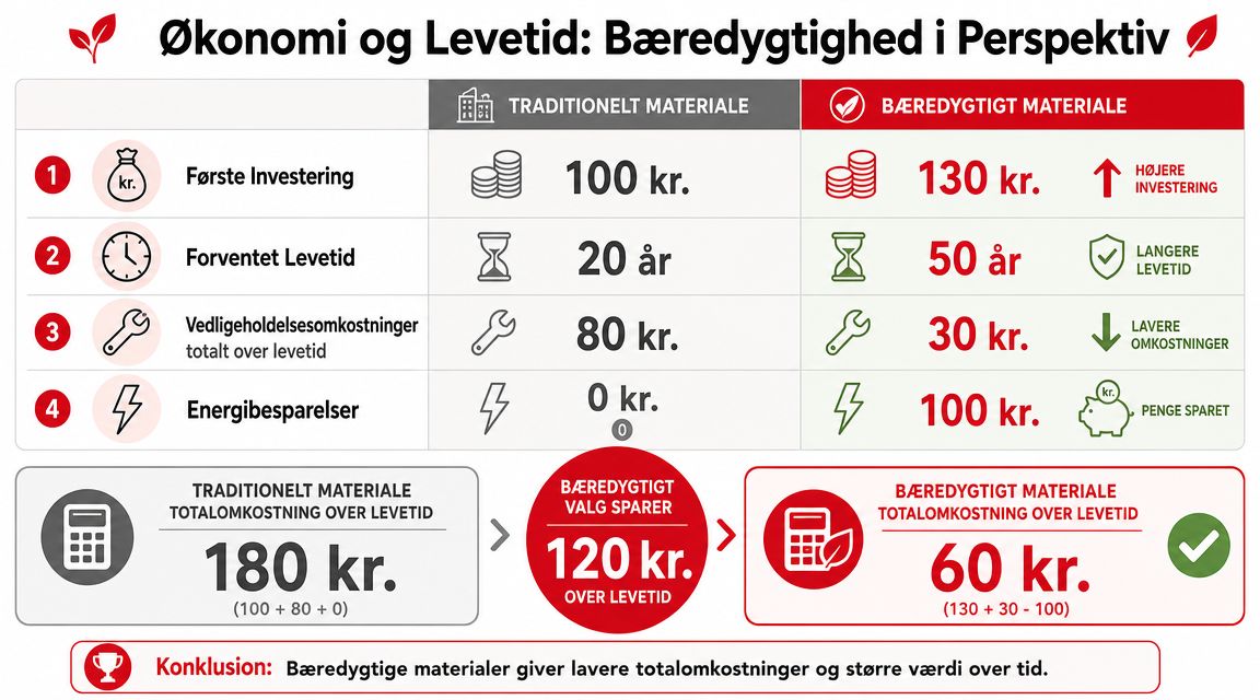 Sammenligning af økonomi og levetid for traditionelle kontra bæredygtige byggematerialer med fokus på besparelser over tid.